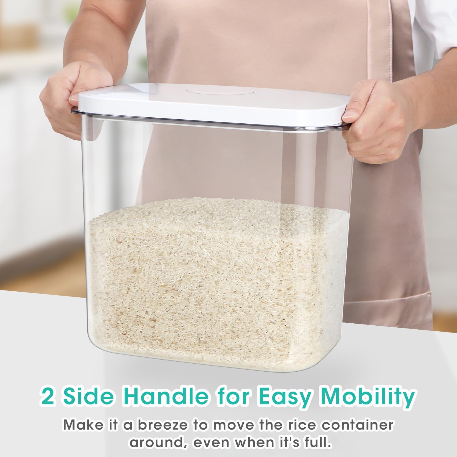 TBMax Large Rice Container 25 Lbs with Easy-Carrying Handles -12.7 Qt Flour Storage Container with Pop Up Lid & Hanging Hooks for Cleaner Use, Airtight Food Storage Bin for Kitchen Organization