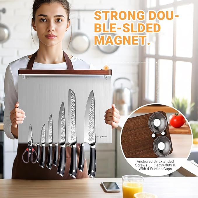 Magnetic Knife Block Stand Without Knives Double Sided Magnetic Knife Holder Rack for Kitchen Counter Stainless Steel Knife Magnetic Strip Display Stand Storage Organizer with Wood Base