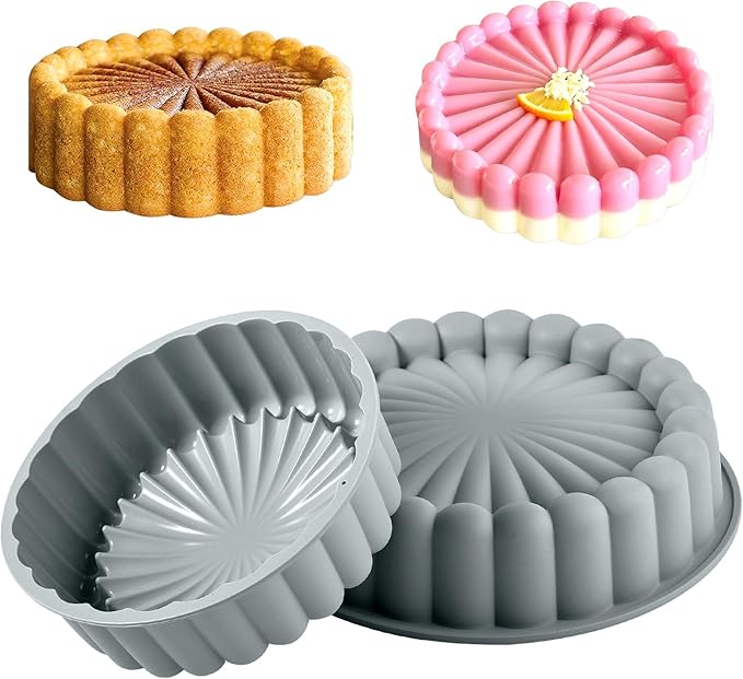 FunSiltasy 10 Inch Silicone Cake With 8 Inch Pan Set (2 Pack) - Nonstick Baking Mold for Pound Cake, Jello, Bread & Brownies, Dishwasher Safe, Grey