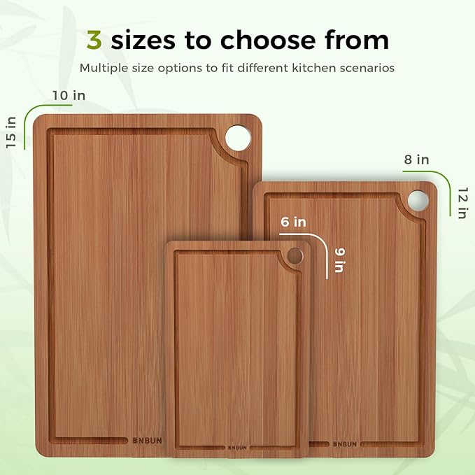 Bamboo Cutting Board for Kitchen, 3-Piece Set with Juice Grooves, Side Handles & Non-Slip Mats – Durable Bamboo Chopping Board for Meat, Vegetables and Fruits