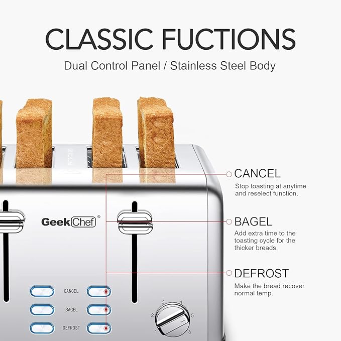 Toaster 4 Slice, Geek Chef Stainless Steel Extra-Wide Slot Toaster with Dual Control Panels of Bagel/Defrost/Cancel Function, 6 Toasting Bread Shade Settings, Removable Crumb Trays, Auto Pop-Up
