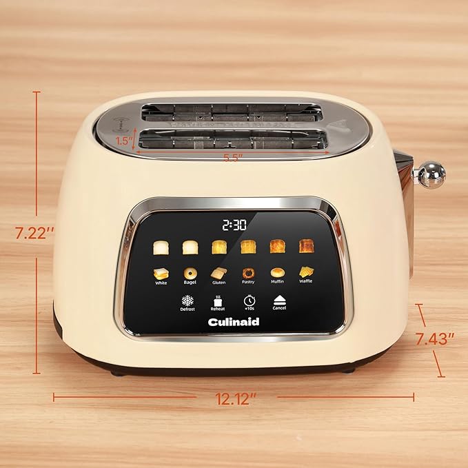 Culinaid Toaster 2 Slice Smart Touch Screen, Retro 1.5'' Extra Wide Slot Stainless Steel Digital Bread Toaster with Memory Function, Bagel, Defrost, 6 Browning Levels and Removable Crumb Tray, Cream