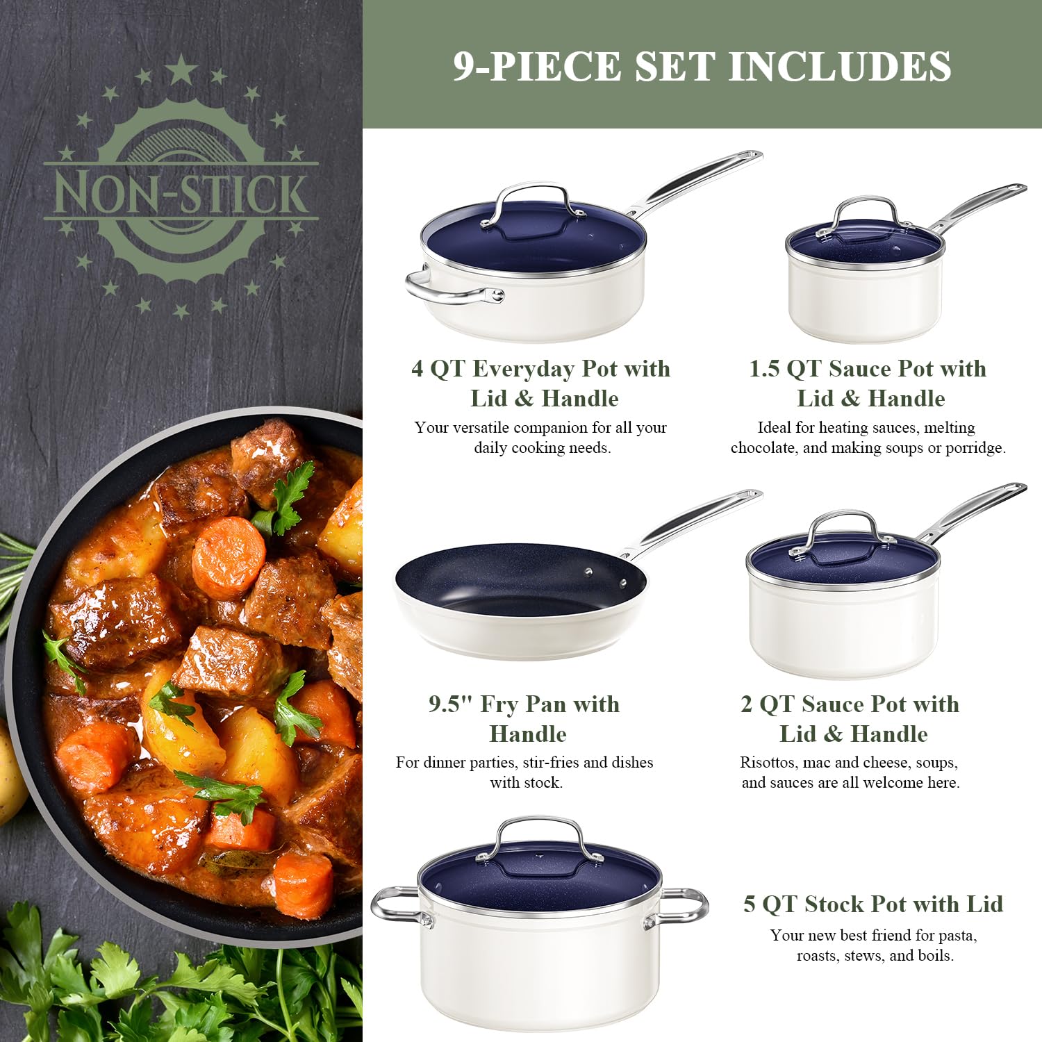 Nuwave 9pc Cookware Set Healthy Duralon Blue Ceramic Nonstick Coated