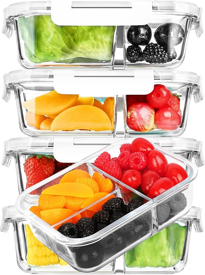 M MCIRCO 5 Pack,36 oz, 3 Compartments Glass Meal Prep Containers with Lids