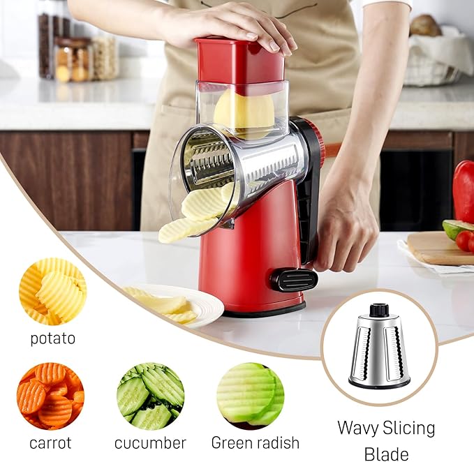 Weltonhm 4 in 1 Large Rotary Cheese Grater Hand Crank (Red black 4 Graters)