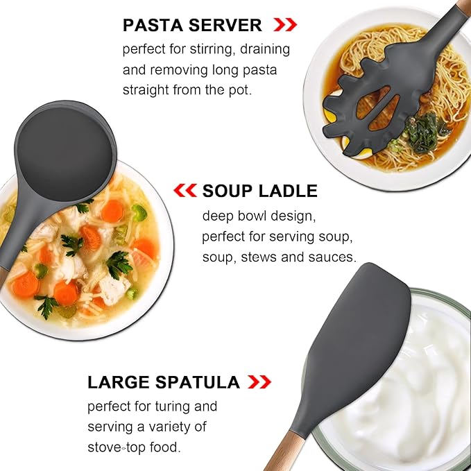 IOCBYHZ Kitchen Cooking Utensils Set, 6Pcs Silicone Kitchen Utensils Set Spatula Spoon Soup Ladle Turner, Heat Resistant Wooden Handle Silicone Cooking Gadgets for Nonstick Cookware & Baking BPA FREE