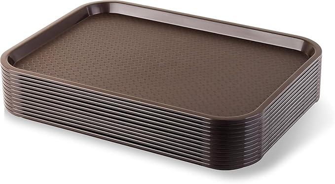 New Star Foodservice Fast Food Tray, 12 x 16 Inch Reusable Plastic Cafeteria Serving Tray, Textured Non-Slip Surface, Stackable Restaurant Tray, Brown, Set of 12