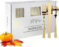 WDF300 Pieces Gold Plastic Silverware - Heavy Duty Disposable Cutlery Set Plastic Gold Silverware Set Includes 100 Forks, 100 Spoons, 100 Knives for Party/Baby Shower/Wedding/Birthday