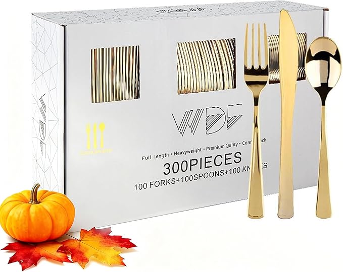 WDF300 Pieces Gold Plastic Silverware - Heavy Duty Disposable Cutlery Set Plastic Gold Silverware Set Includes 100 Forks, 100 Spoons, 100 Knives for Party/Baby Shower/Wedding/Birthday