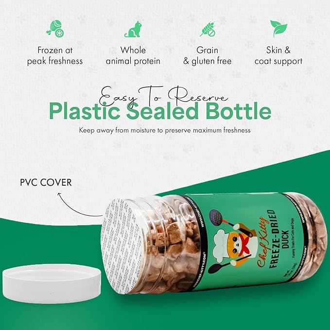 Chef Kitty Duck Dog Treats | 100% Human Grade Freeze Dried Cat Treats, Single Ingredient | High Protein Cat & Dog Food Toppers | No Additives or Preservatives | Inspected & Tested in USA | 1.6 oz