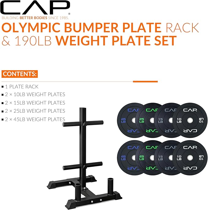 CAP 190lb Economy Olympic Bumper Plate Set with Compact Storage Rack
