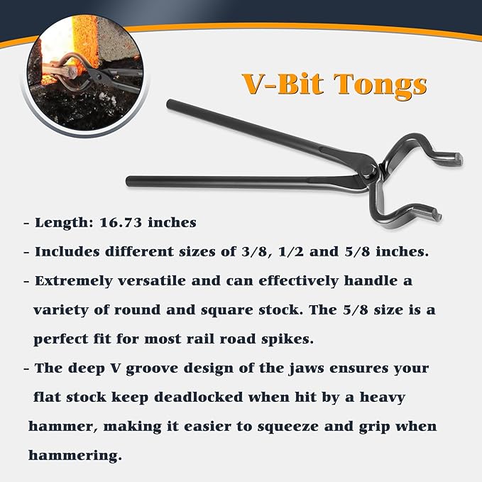 V-SEK Blacksmith Tong - 3/8" 1/2" 5/8" V-Bit, 1/4 Flat Jaw, Pick Up, Scroll