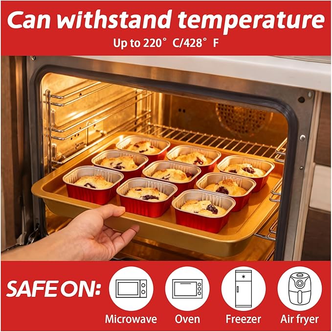 200 Pack 10 oz Square Mini Cake Pans with Lids, Disposable Aluminum Foil Baking Cups for Brownies, Cupcakes, Cheesecake & Catering (Red)