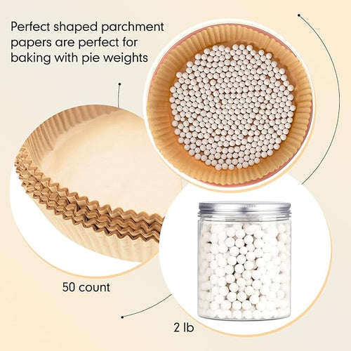 1 Pack 2 lb White Pie Weights for Baking Crust Reusable Ceramic Blind Baking Beans Stoneware with 50 Pcs Disposable Parchment Paper Pie Liner Fit 8, 9, 10 Inch Dish with Storage Bottle and Bag