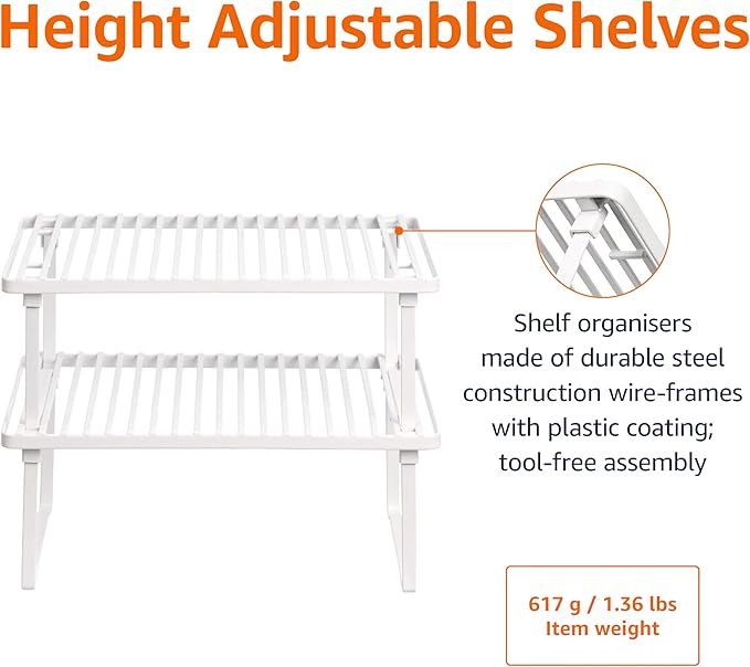 Amazon Basics Space-Saving Stackable Metal Kitchen Cabinet Organizer Shelves for Dishes, Pantry Organization, 12.5" L x 8" D x 4.5" H, Set of 2, White