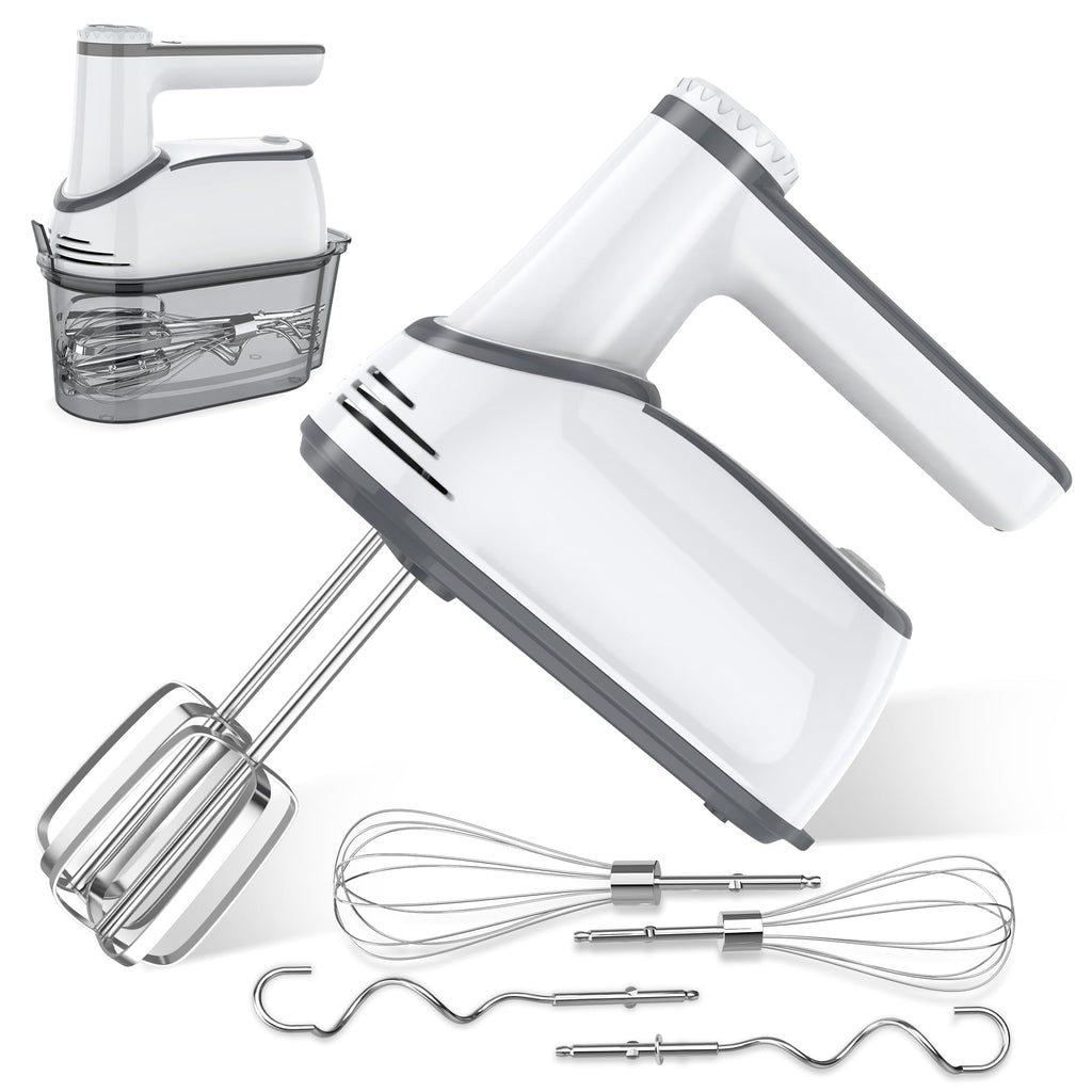 Cordless Electric Hand Mixer: 12 Speeds Powerful Handheld Mixer with 6 Stainless Steel Attachments (2 Beaters, 2 Dough Hooks, 2 Whisks), Snap-On Storage Case & Eject Button (White)