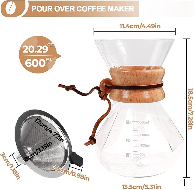 Mogrecha Pour Over Coffee Maker 600ml with 304 Stainless Steel Filter Wooden Collar Holder Borosilicate Glass Drip Coffeemaker Server Set Clear Hand Brew Dripper Carafe for Home Camping Travel 20.3oz