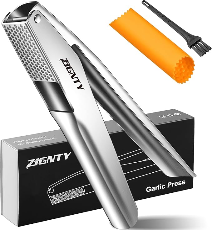 ZIGNTY Garlic Press Stainless Steel, Professional Crusher No Peel Required