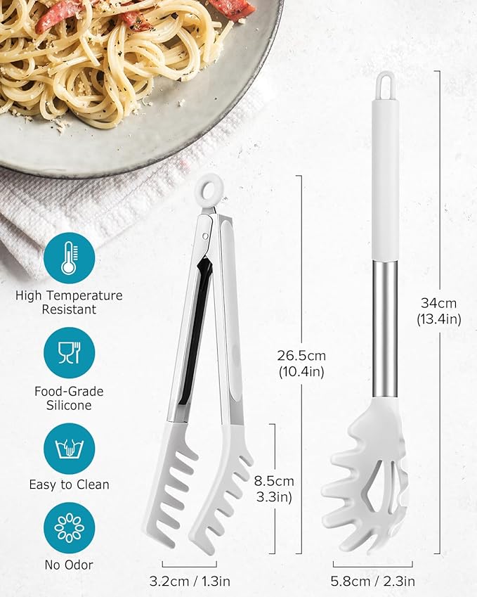 Spaghetti Spoon and Pasta Tong, 2 Pack (White)