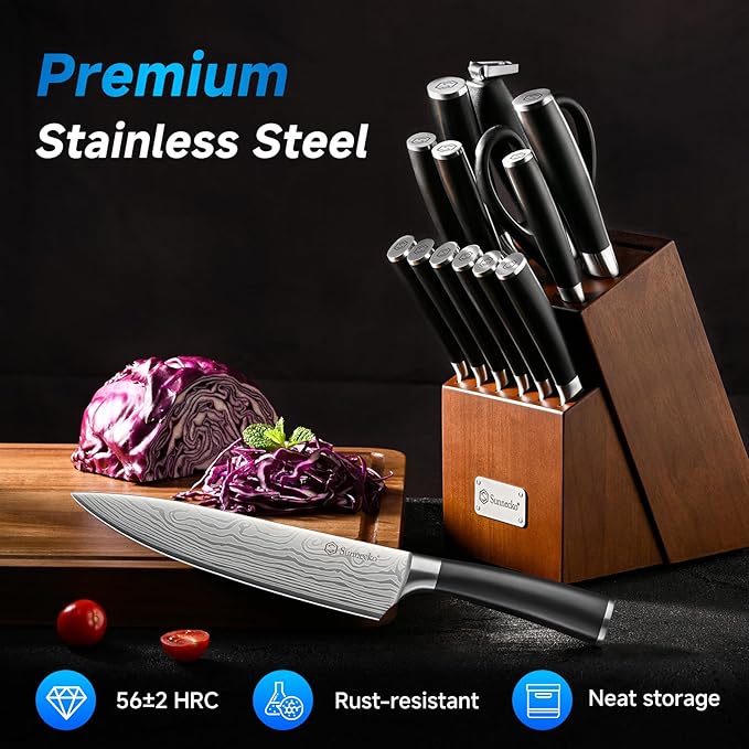 Knife Set with Block and Sharpener, 15 Piece Kitchen Knife Block Set