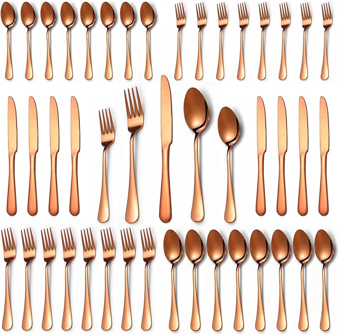 40 Pcs Rose Gold Silverware Set for 8, Food Grade Stainless Steel Flatware Set, Eating Utensils Sets Include Fork/Knife/Spoon, Reusable Cutlery Set for Home Kitchen, Dishwasher Safe, Round Edge