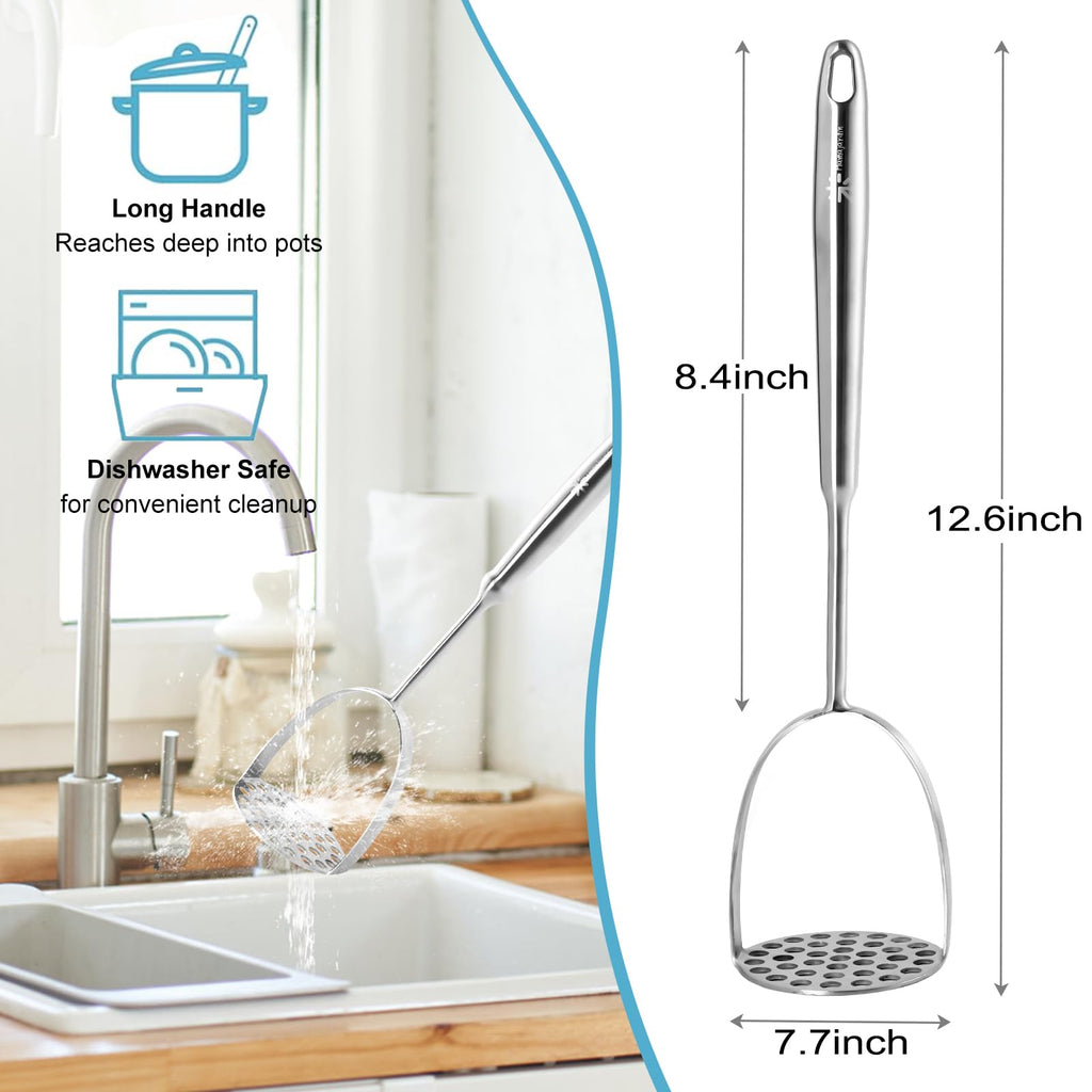 Potato Masher Stainless Steel - Mashed Potato Masher Kitchen Tool，Potato Smasher for Avocado, Tomato, Fruit & Vegetables, Pet Food, Heavy Duty Metal Bean Masher Utensil, Dishwasher Safe, 12.5-Inch