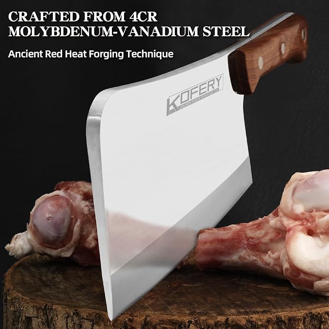 KOFERY 8.7-Inch Heavy Duty Meat Cleaver, Professional Butcher Knife and Large Bone Cutter, 7.5mm Thick Spine Full Tang Stainless Steel with Rosewood Handle, Commercial Chopping