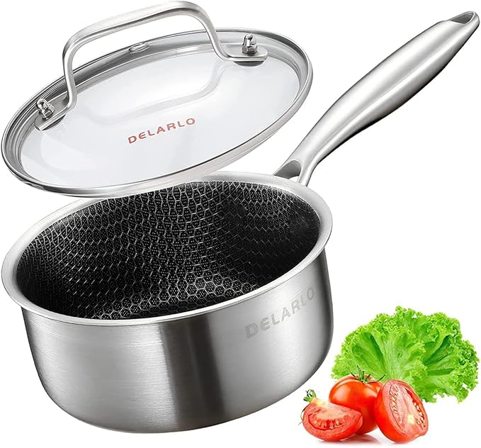 DELARLO Tri-Ply Stainless Steel Hybrid Non Stick Saucepan 1.5 Quart