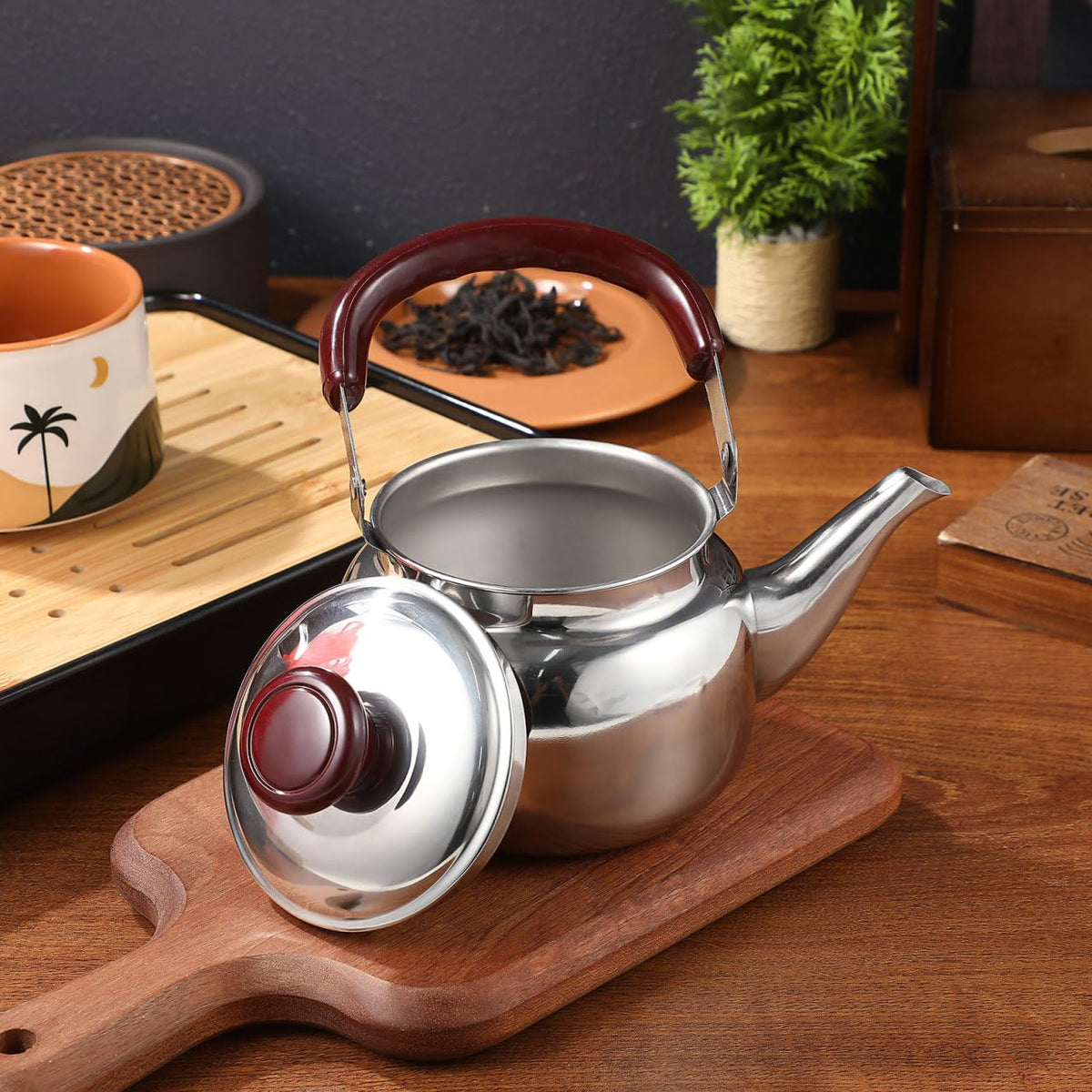 LIFKOME Traditional Stainless Steel Heavy Duty Tea Kettle With Sandwich Bottom and Specialty Cool Touch Handling Mirror Finish Stainless Steel Whistling Tea Kettle Stove Top