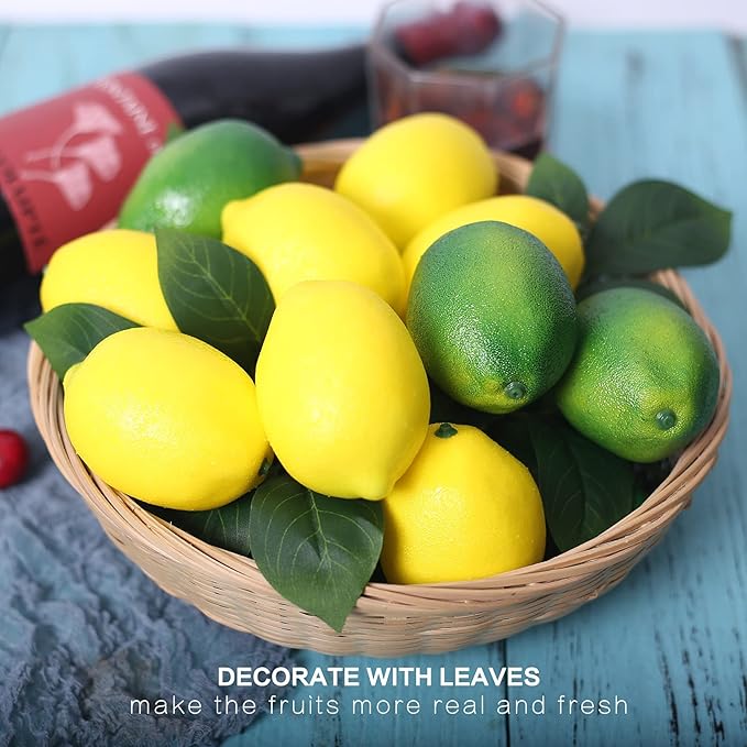 VEOAY Fake Fruit Artificial Lemons 24 Pcs, Faux Lemon Leaves 12 Pcs Lifelike Fake Lemon Decor for Kitchen Table Cabinet Party Plastic Fruits Photography Prop