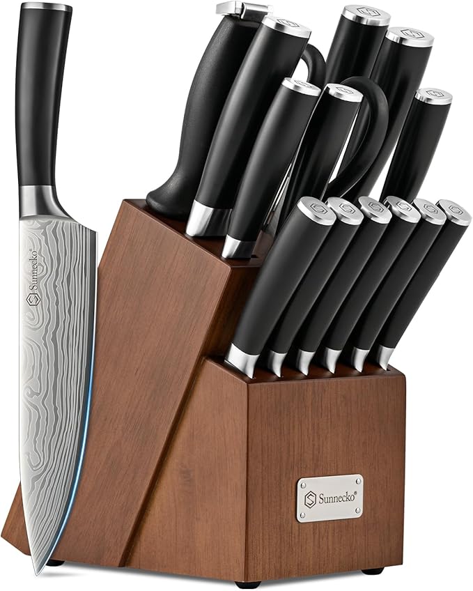Knife Set with Block and Sharpener, 15 Piece Kitchen Knife Block Set