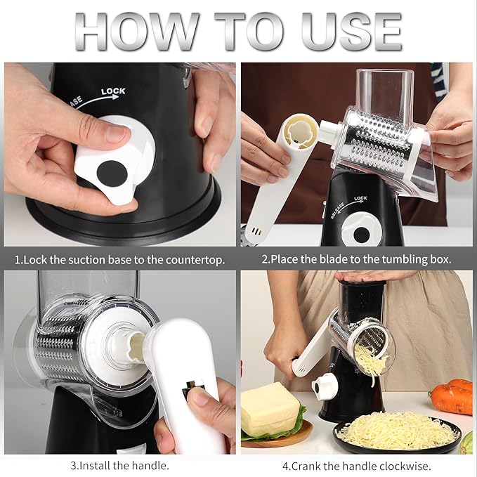 Cambom Rotary Cheese Grater Hand Crank Cheese Shredder, Black