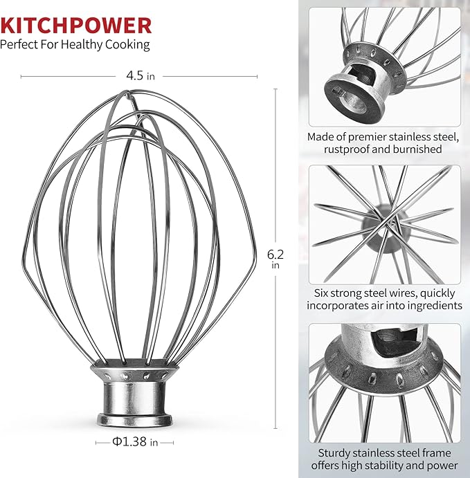 KITCHPOWER K45WW 6-Wire Whip for KitchenAid 4.5/5-Qt Tilt-Head Stand Mixer