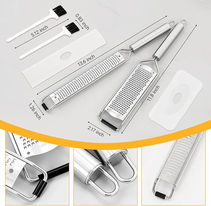 2 Packs Stainless Steel Lemon Zester, Cheese Grater with Handle,Protective Covers & Cleaning Brushes, Zester Tool for Cheese, Lemon, Garlic, Nutmeg, Chocolate, Fruits, Vegetables, Ginger Grater
