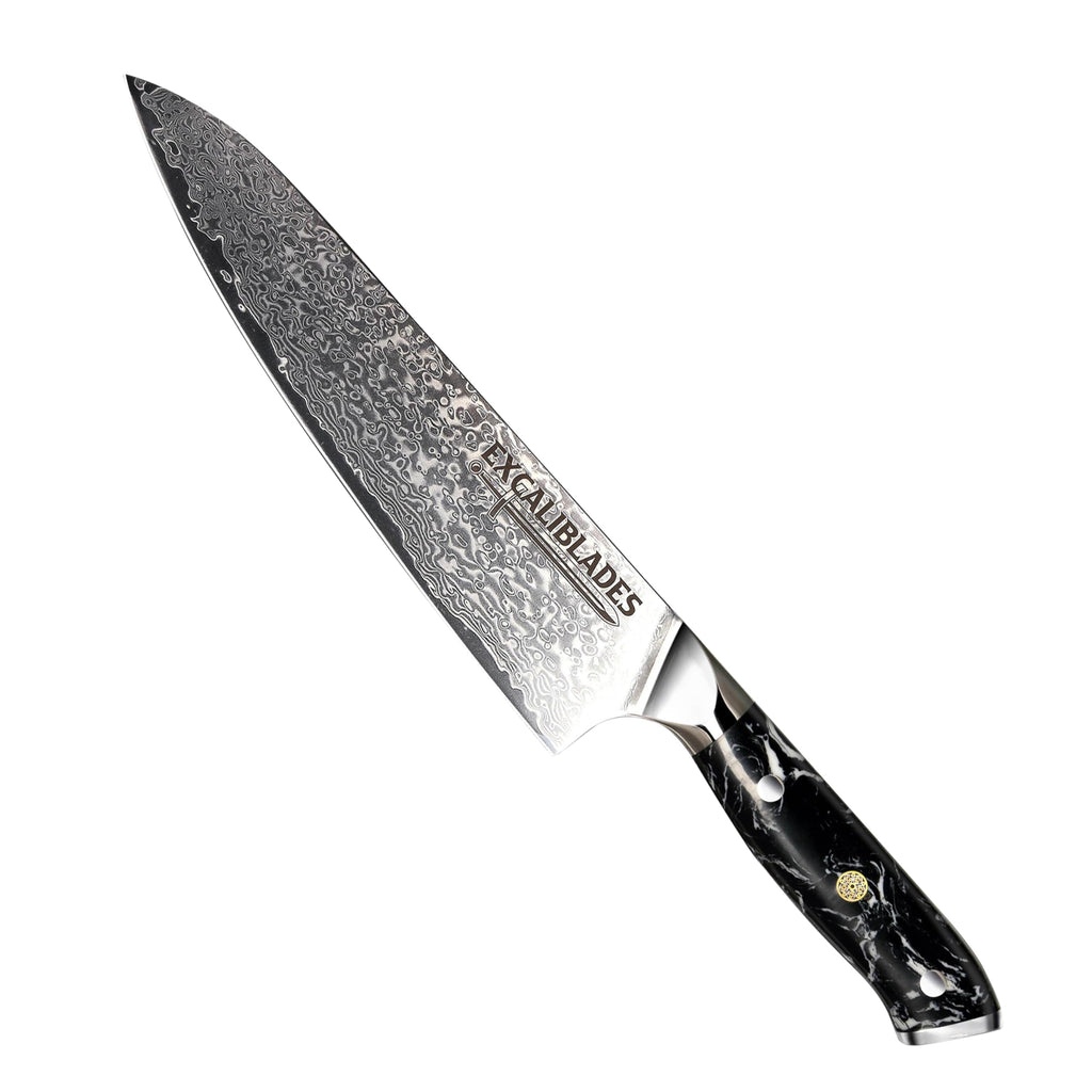 EXCALIBLADES 8” Chef Knife – VG10 Damascus Steel Kitchen Knife, Razor Sharp Professional Cooking Knife with Ergonomic G10 Handle, Luxury Gift Box & Sheath, Gift for Home Chefs