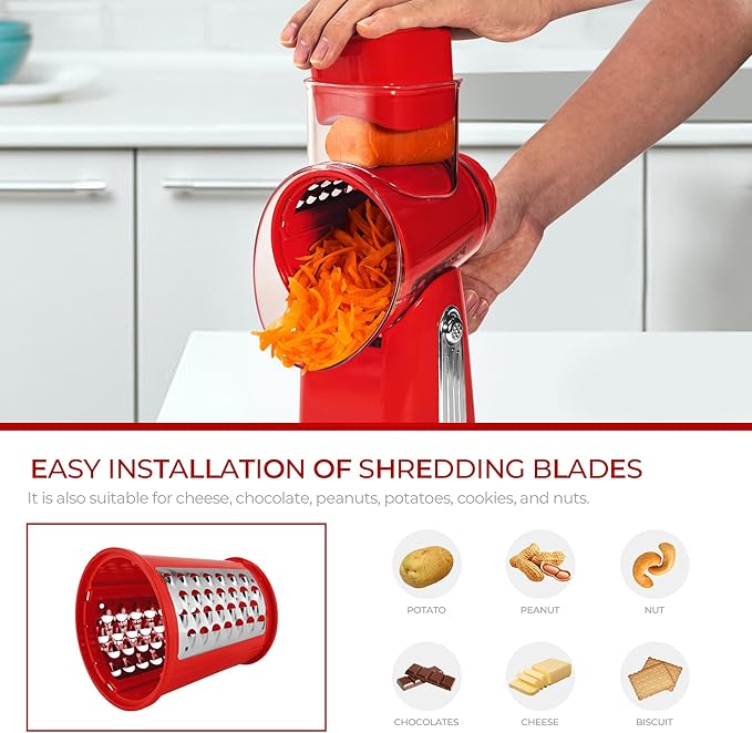SUSTEAS Rotary Cheese Grater 5 Blades,Kitchen Mandoline Vegetable Slicer