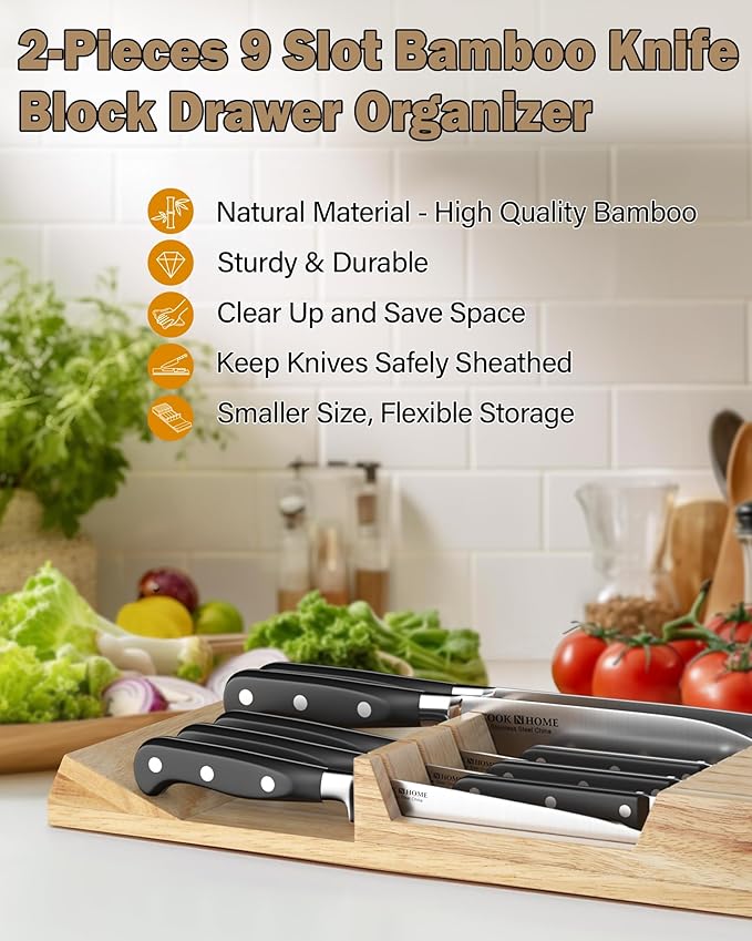 Cook N Home Basics Durable Wood Cutlery Holder, Knife Storage Block Organizer, Made of natural rubber wood, Polished Surface, Suitable for Drawers, 2 Pcs, 9-Slot
