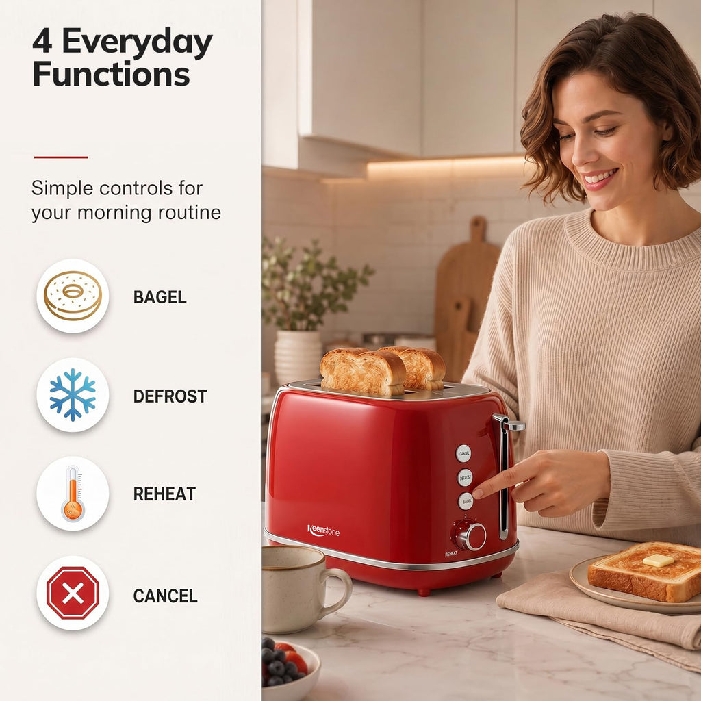 2 Slice Stainless Steel Toaster Retro with 6 Bread Shade Settings, Bagel, Cancel, Defrost Function, Extra Wide Slot, Removable Crumb Tray, Red