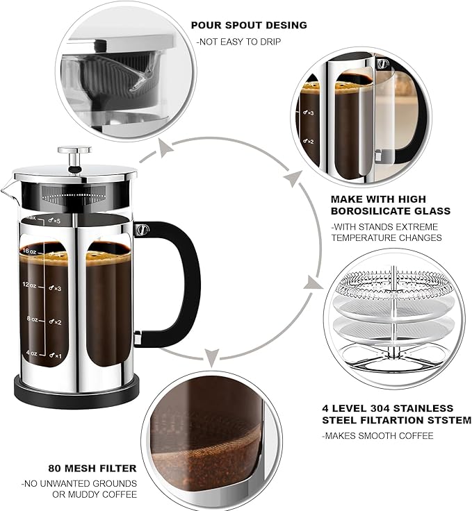 YMMIND French Press Coffee Maker (21oz 600ML 3-4Cup) Coffee Press, with 4 Filters System, Heat Resistant Thickness Borosilicate Glass, Cold Brew Coffee Tea Pot Gifts (Silvery)