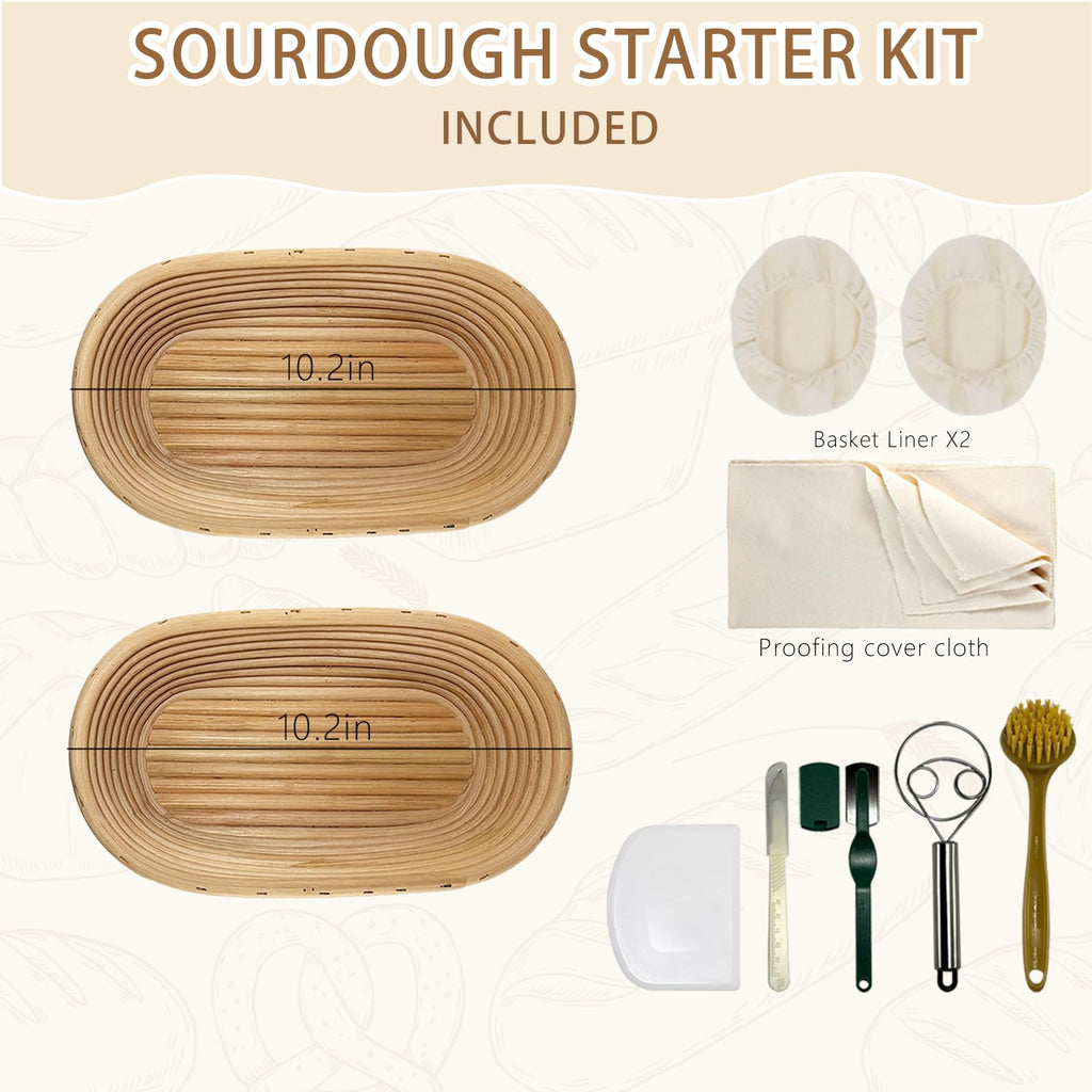 Fubiu Natural Unbleached Banneton, Sourdough Bread Proofing Basket Kit, 2x 10 Inch Oval Basket with BreadMaking Baking Supplies Tools, Banneton Basket Gift Set - Primary Color