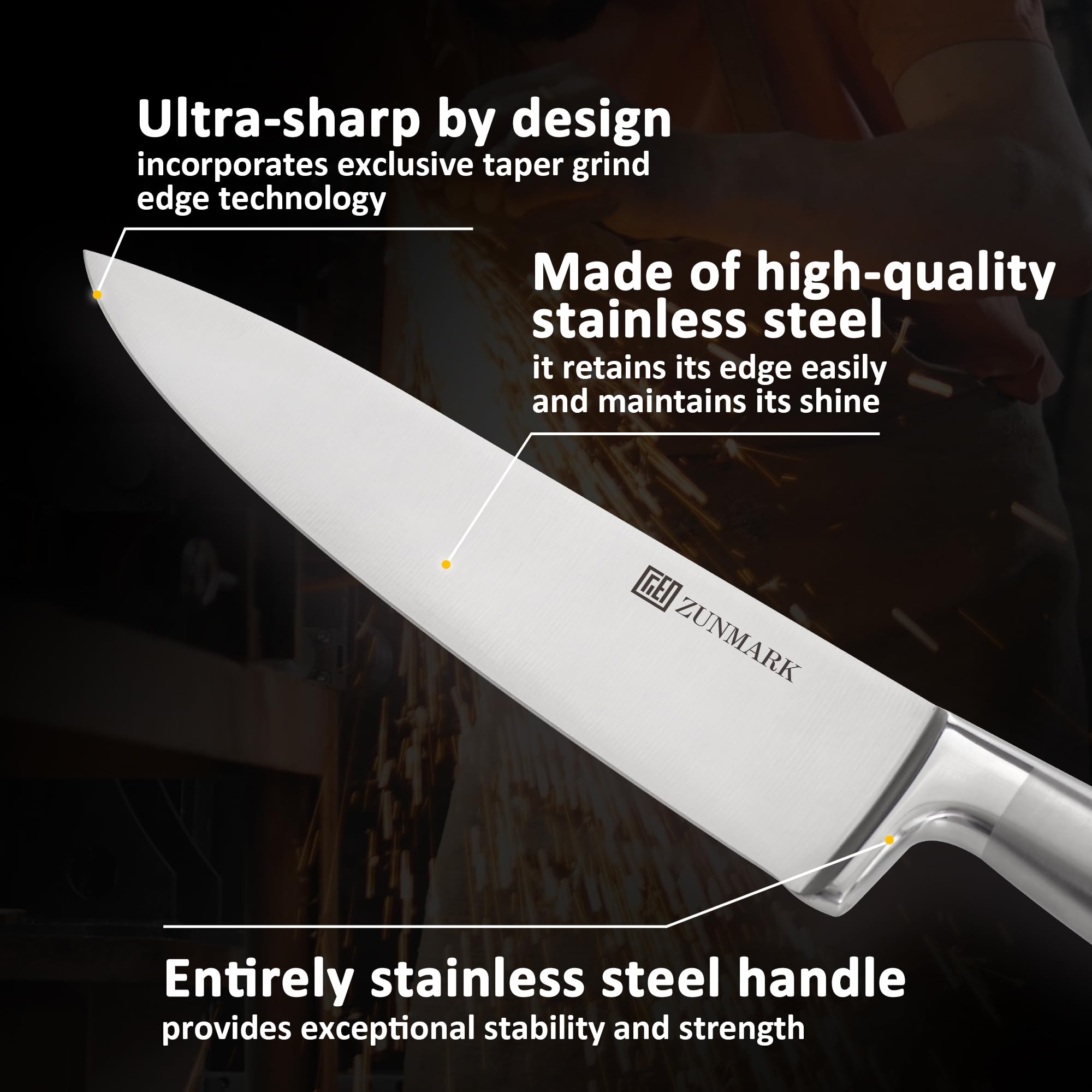 ZUNMARK Magnetic Knife Block Set, 7pcs Ultra Sharp Knife Set with Shears, Space-Saving Design for Home and Professional Kitchens, Silver