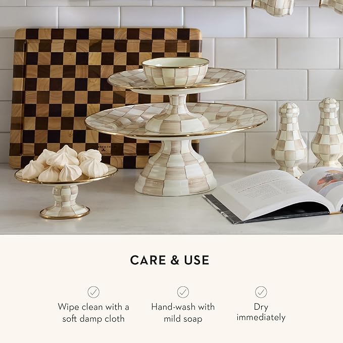 MACKENZIE-CHILDS Pedestal Platter, Mini, Brown-and-White Mocha Check