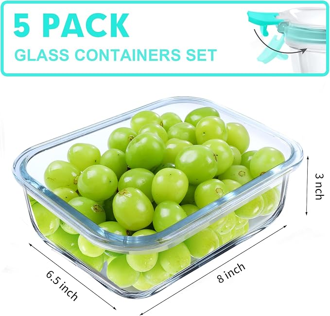 VERONES 5 PACK 36 OZ Glass Meal Prep Containers Set with Lids, Green