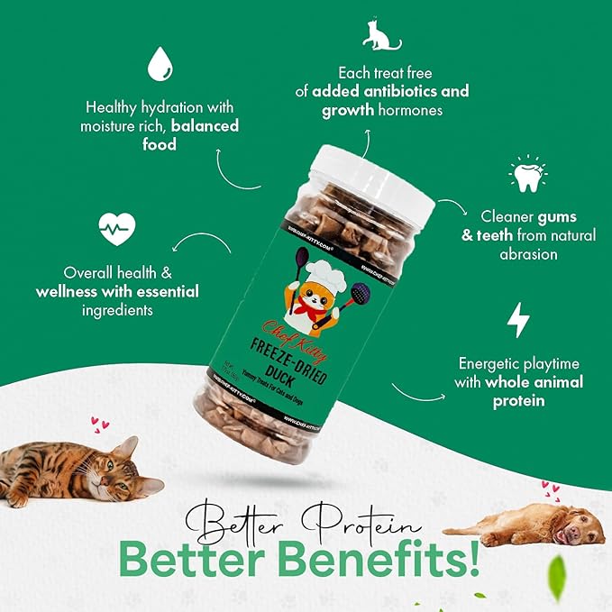 Chef Kitty Duck Dog Treats | 100% Human Grade Freeze Dried Cat Treats, Single Ingredient | High Protein Cat & Dog Food Toppers | No Additives or Preservatives | Inspected & Tested in USA | 1.6 oz