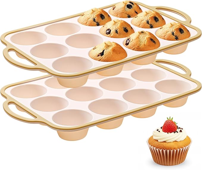 Fimary Silicone Muffin Pans for Baking 2 Pack, 2.6 Inch with Metal Reinforced Frame, Regular Size Nonstick Cupcake Pan 12 Cups for Baking Homemade Muffins, Dishwasher Safe BPA Free-Light Yellow