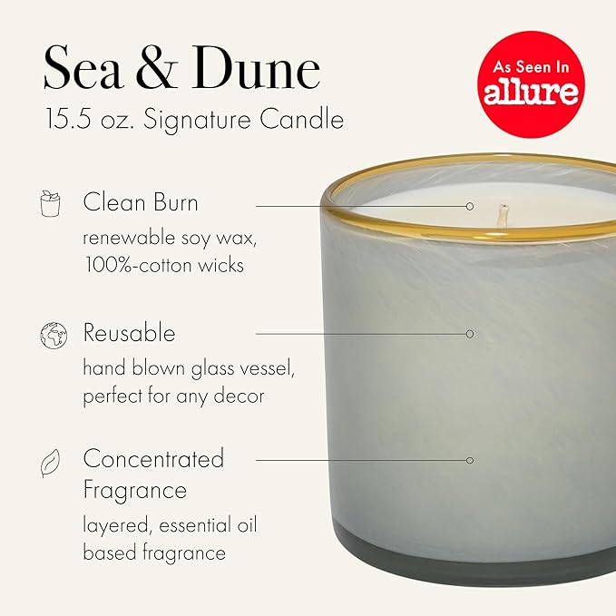 LAFCO New York Signature Candle, Sea & Dune - 15.5 oz - 90-Hour Burn Time - Reusable, Hand Blown Glass Vessel - Made in the USA