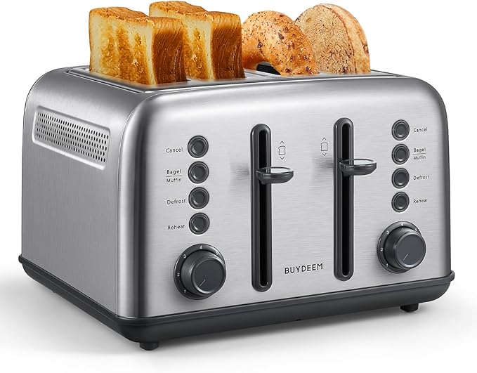 BUYDEEM DT640 4-Slice Toaster, 7 Shade Settings, Extra Wide 1.5’’ Slots for Bagel & English Muffin, 6 Toasting Functions, Retro Stainless Steel Toaster with High Lift Lever, 1800W, Retro Silver