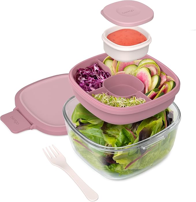 Bentgo Glass Salad Container with Airtight Lid & Leak-Proof Sauce Cup