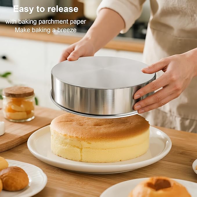 8 Inch Cake Pan, 3PCS Stainless Steel Baking Pans with 100 Parchment Paper