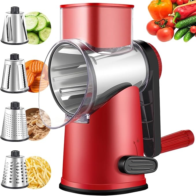 Weltonhm 4 in 1 Large Rotary Cheese Grater Hand Crank (Red black 4 Graters)